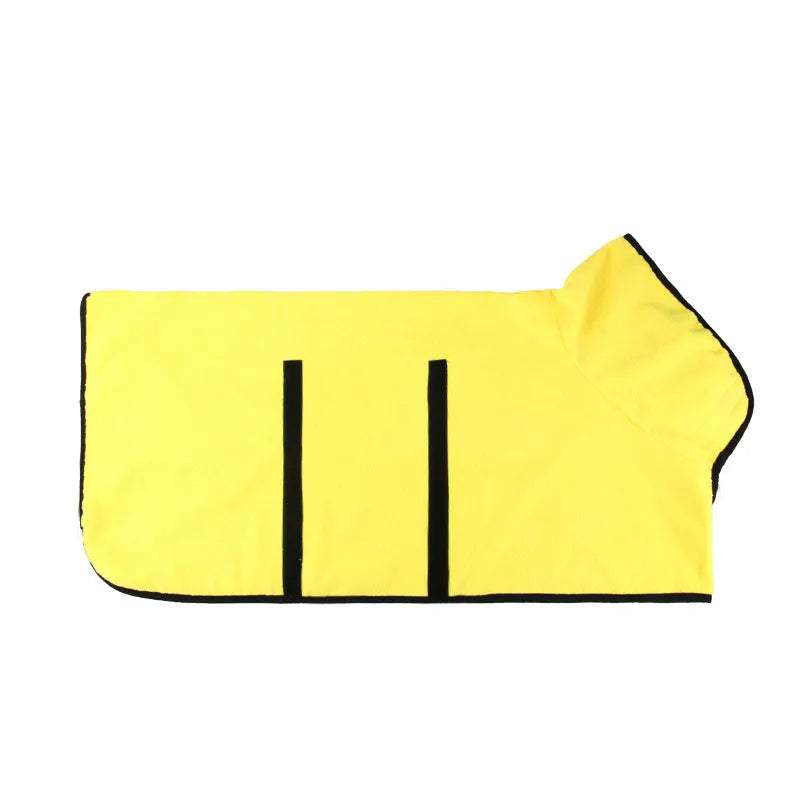 Bright yellow quick-dry pet bathrobe with black trim and two vertical black velcro strap closures.