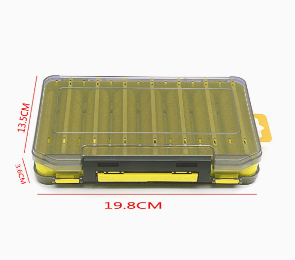 Tough twin-sided fishing tackle organizer with yellow foam inserts, black locking latches, and dimensions labeled.