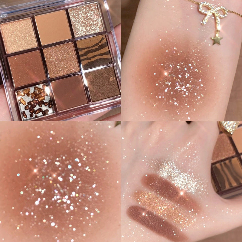DIKALU 9-color eyeshadow palette with neutral brown tones, shimmering glitters, and a unique textured shade.