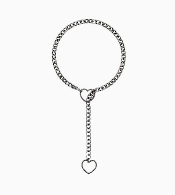 Gunmetal heart-link chain necklace featuring a y-drop design with a heart pendant at the center and bottom.