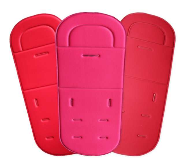 Three vibrant pink and red cotton baby stroller seat cushions with universal harness slots, arranged in a fan shape.