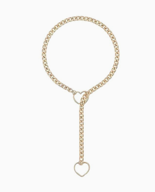 Gold-tone chain link lariat necklace featuring a central heart charm and a matching heart-shaped pendant drop.