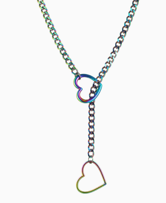 Iridescent rainbow-colored y-shaped link chain necklace featuring two heart-shaped pendants against a white background.