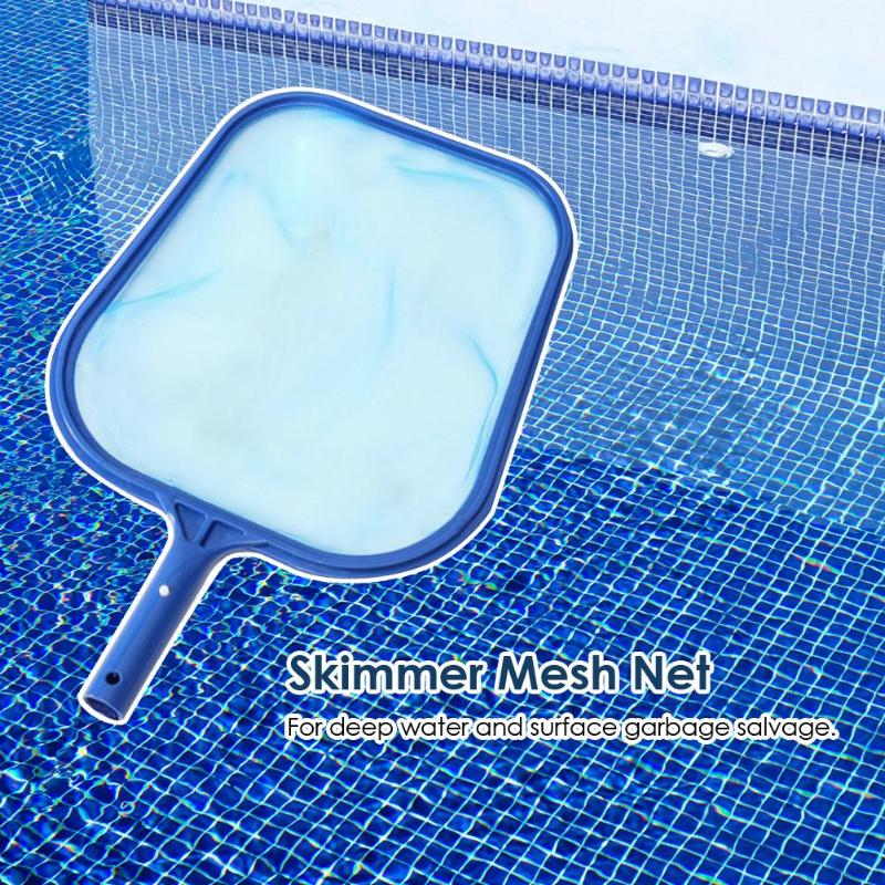 Blue pool leaf skimmer net with fine mesh over sparkling blue tiled swimming pool water.