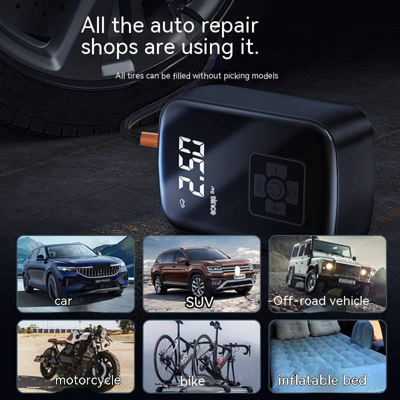 Black portable Auto AirGo inflator with digital pressure display and control buttons, shown with various vehicle uses.