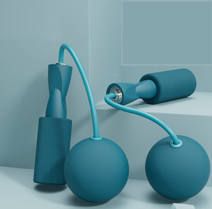 Teal cordless jump rope set featuring two weighted spheres and foam-covered handles on a matching blue tiered display.
