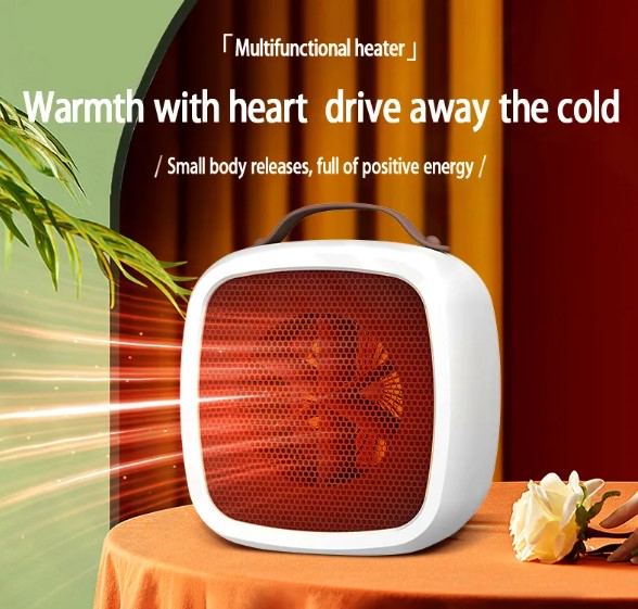 Compact white 500W portable heater with a brown handle, glowing orange honeycomb grille, and retro rounded design.