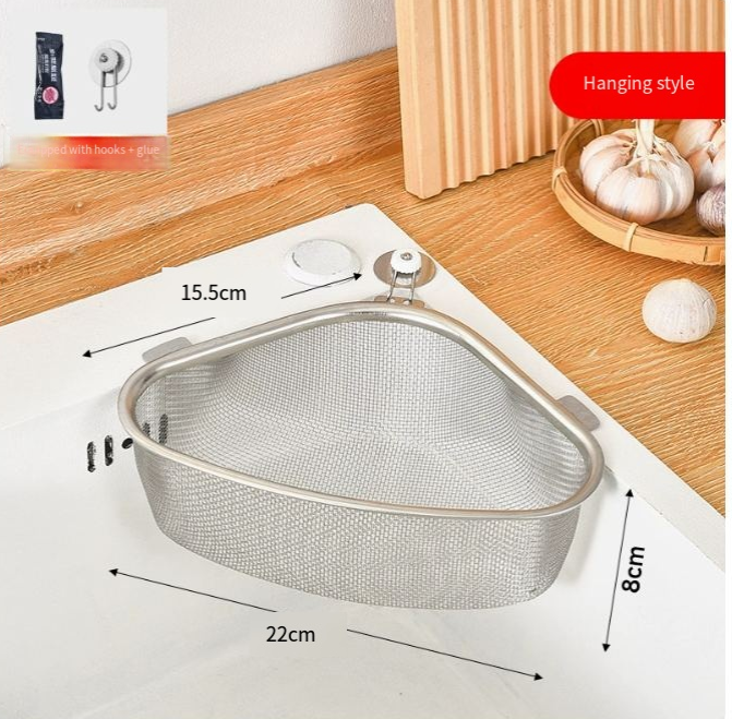 Triangle-shaped stainless steel kitchen sink strainer, silver wire mesh design, includes wall-mounting hooks and glue.