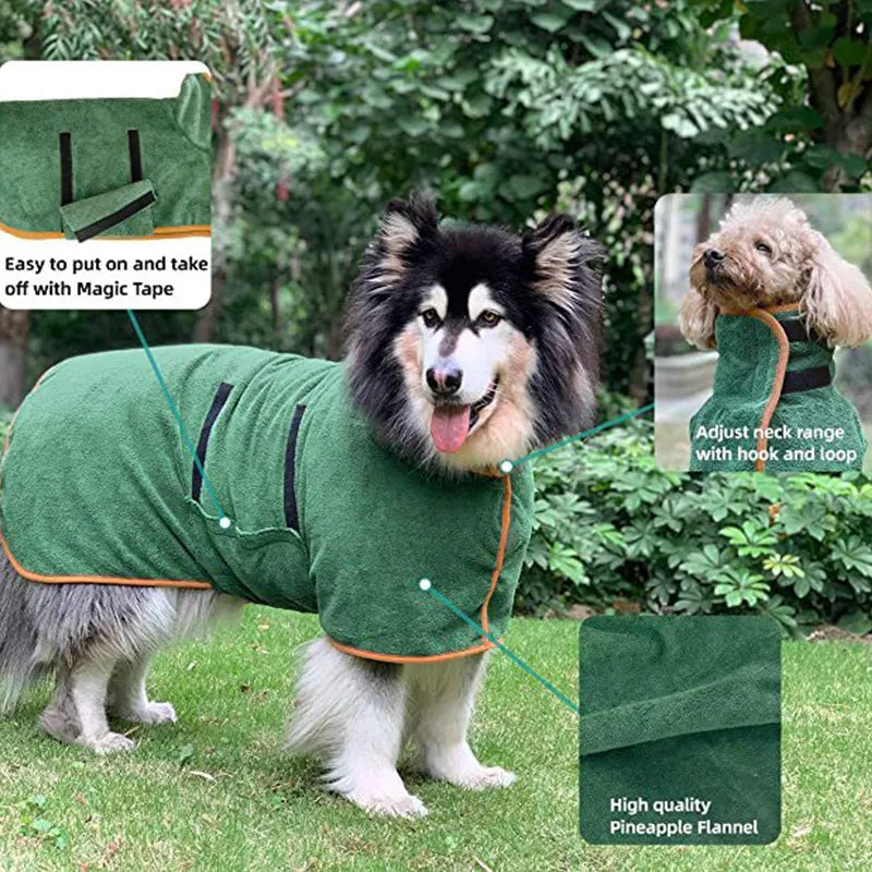 Green, quick-dry pet bathrobe with orange trim and adjustable hook-and-loop closures, modeled on a dog outdoors.