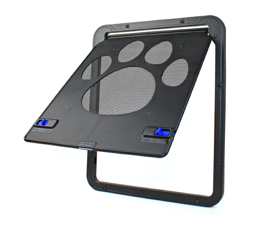 Black scratchproof pet door with a mesh paw print cutout, featuring blue locking tabs on a white background.