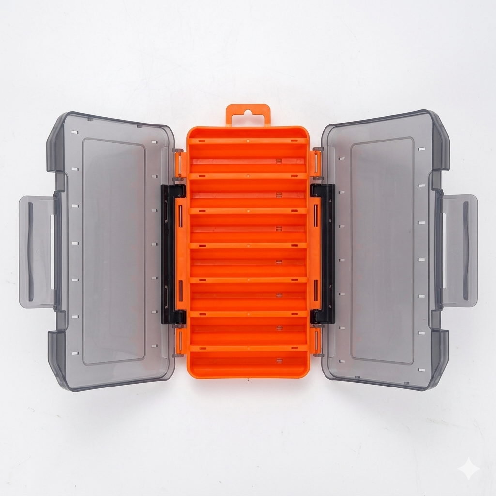 Bright orange tackle organizer with multiple storage slots and two hinged, smoke-grey translucent lids.