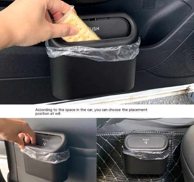 Matte black collapsible car bin with a push-lid top, shown mounted in various car interior locations with a trash liner.