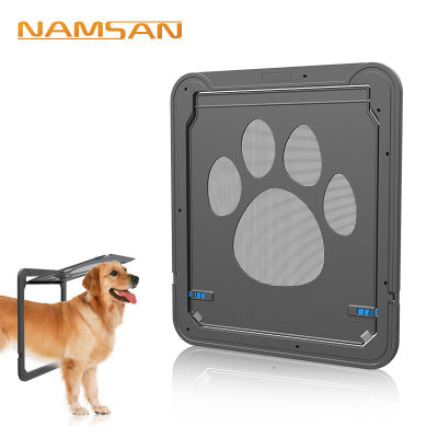 Black, scratchproof Namsan pet door with a mesh paw print design, shown with a golden retriever passing through.