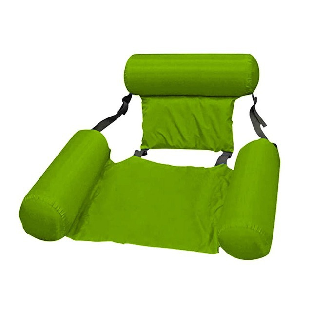 Bright lime green portable water hammock with adjustable black straps and two inflatable side buoyancy pillows.