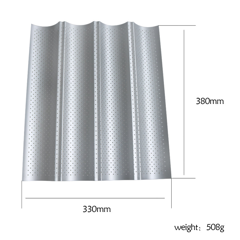 Silver, perforated French loaf baking tray with three channels, labeled with dimensions of 330mm by 380mm.