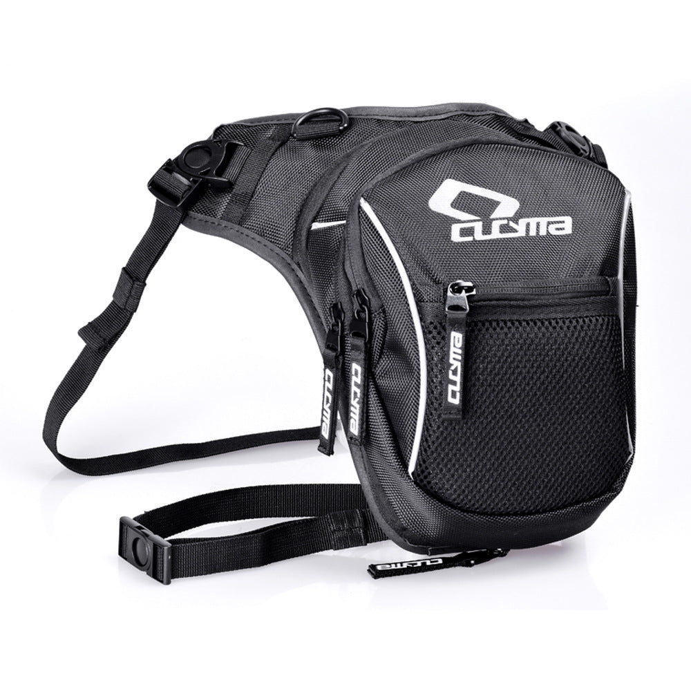 Black tactical waterproof leg bag with adjustable straps, mesh pocket, and white logo branding on a white background.