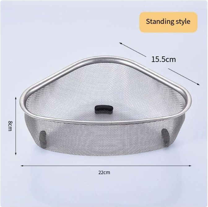 Triangle stainless steel mesh kitchen strainer with black feet and dimensions labeled for reference.