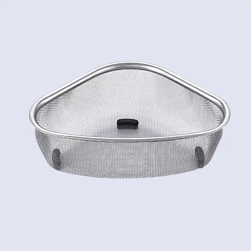 Triangle-shaped stainless steel kitchen mesh strainer with black rubber feet, isolated on a light gray background.