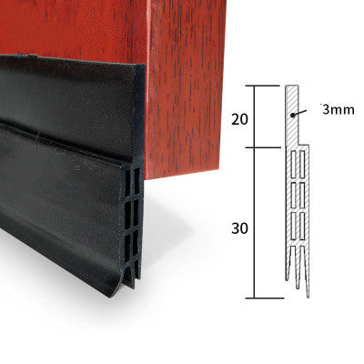 Black rubber door insulation strip attached to a wood door, featuring a 3mm cross-section diagram with 20/30mm dimensions.