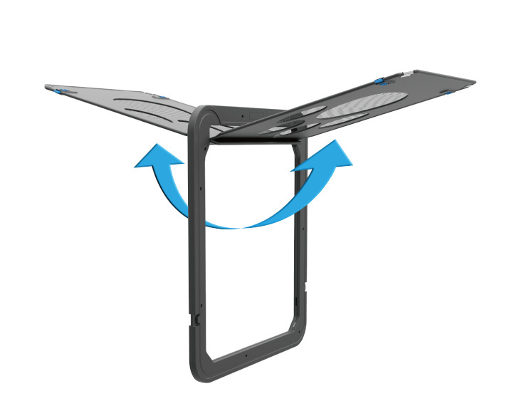 Dark grey, modern scratchproof pet door with dual-swing panels indicated by bright blue directional arrows.