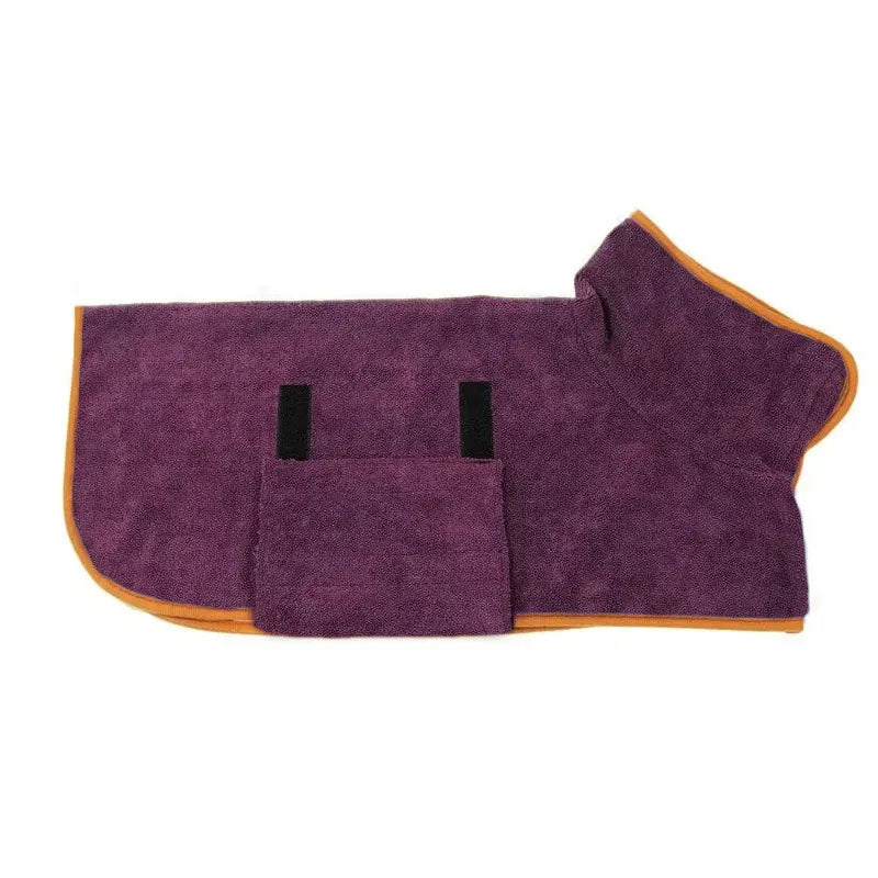 Purple quick-dry pet bathrobe with a yellow trim, hood, and black Velcro fastener straps.