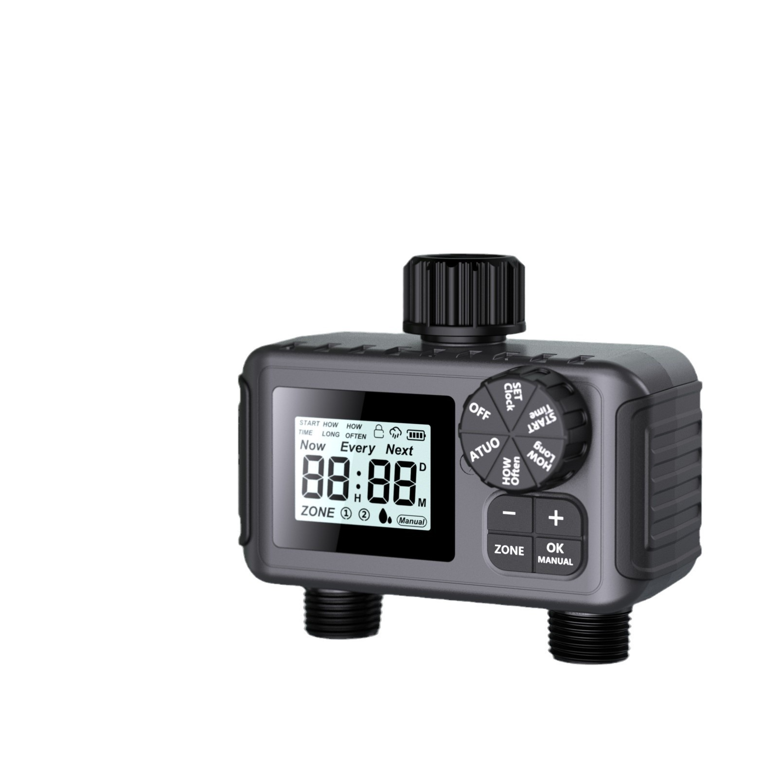 Dark grey dual-channel smart garden timer with an LCD digital display, control dial, and two hose outlet ports.