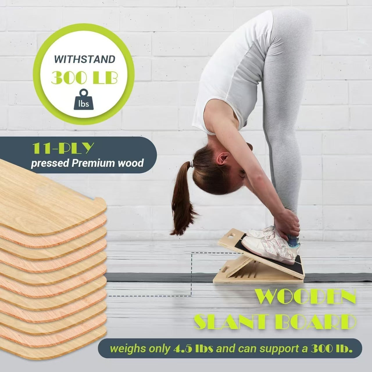 Person in workout gear stretching on a light wood 11-ply portable incline calf board with a black grip surface.