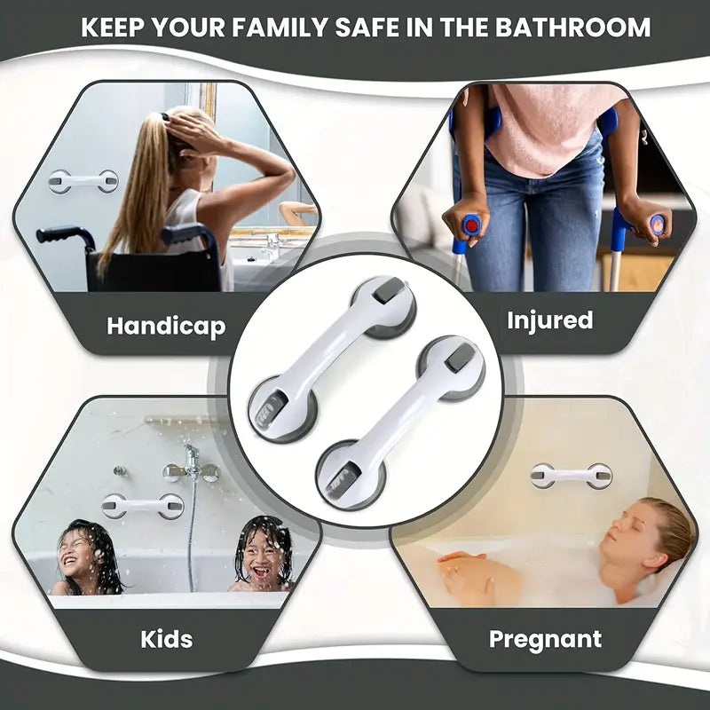 Two white suction-style safety grip bars for bathroom support, shown in various lifestyle use cases.