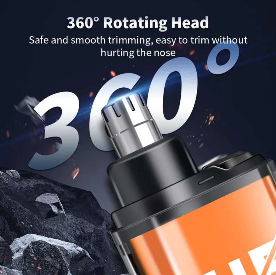 Compact electric nose trimmer with a silver 360-degree rotating head and a vibrant orange and black cylindrical body.