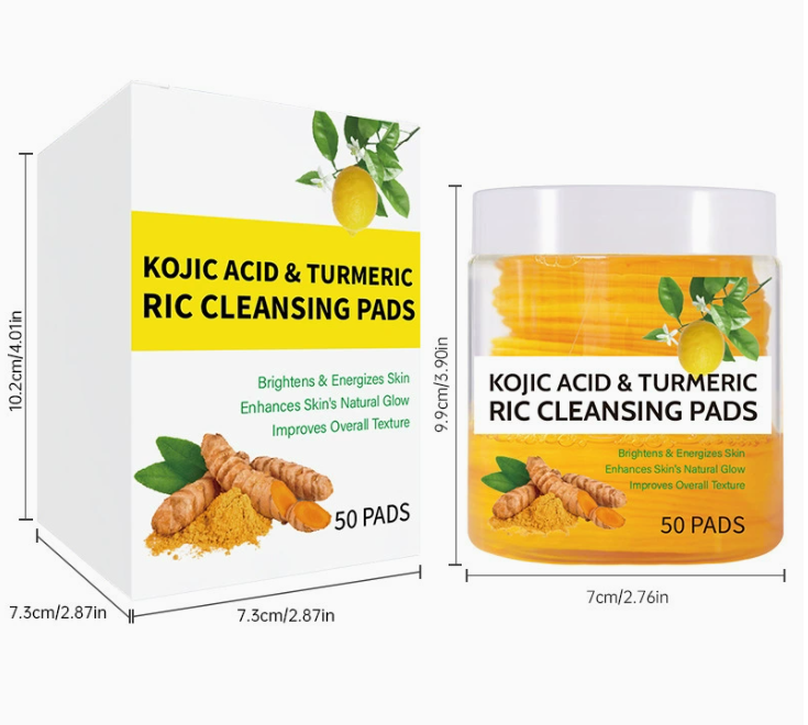 Kojic acid and turmeric brightening cleansing pads with product box and jar, featuring lemon and turmeric imagery.
