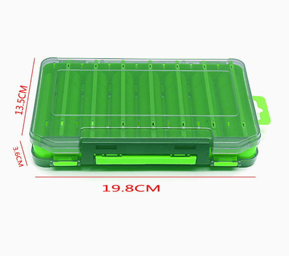 Green and clear twin-sided fishing tackle organizer with a latched lid, featuring red measurement dimensions.