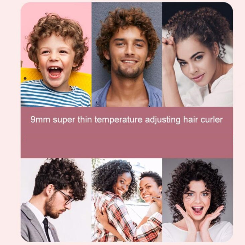 Collage of six diverse people showing curly hairstyles achieved with a 9mm, temperature-adjustable curling iron.