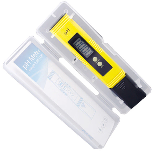 Compact yellow digital pH meter with black probe, resting inside a translucent plastic protective storage case.