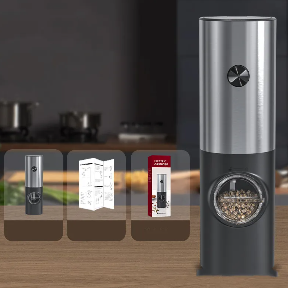 EasyGrind electric pepper mill with a brushed steel top, matte black base, transparent spice chamber, and packaging.