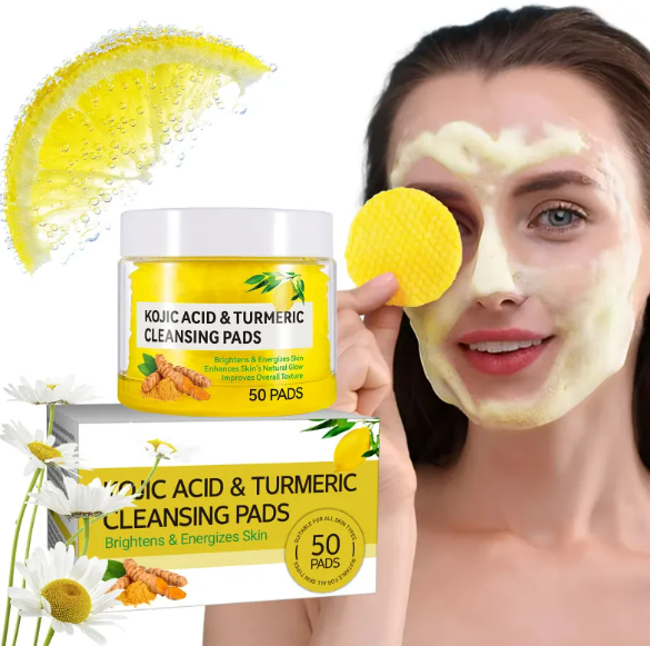 Kojic Acid and Turmeric cleansing pads in a yellow jar, with a woman applying a textured pad to her face.