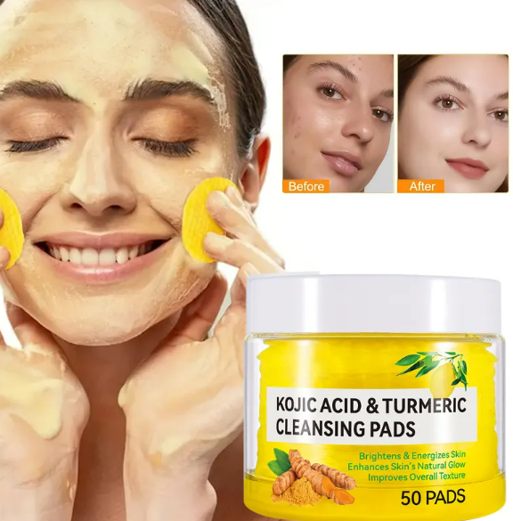 Woman using bright yellow turmeric cleansing pad on face next to a before-and-after comparison and jar of pads.
