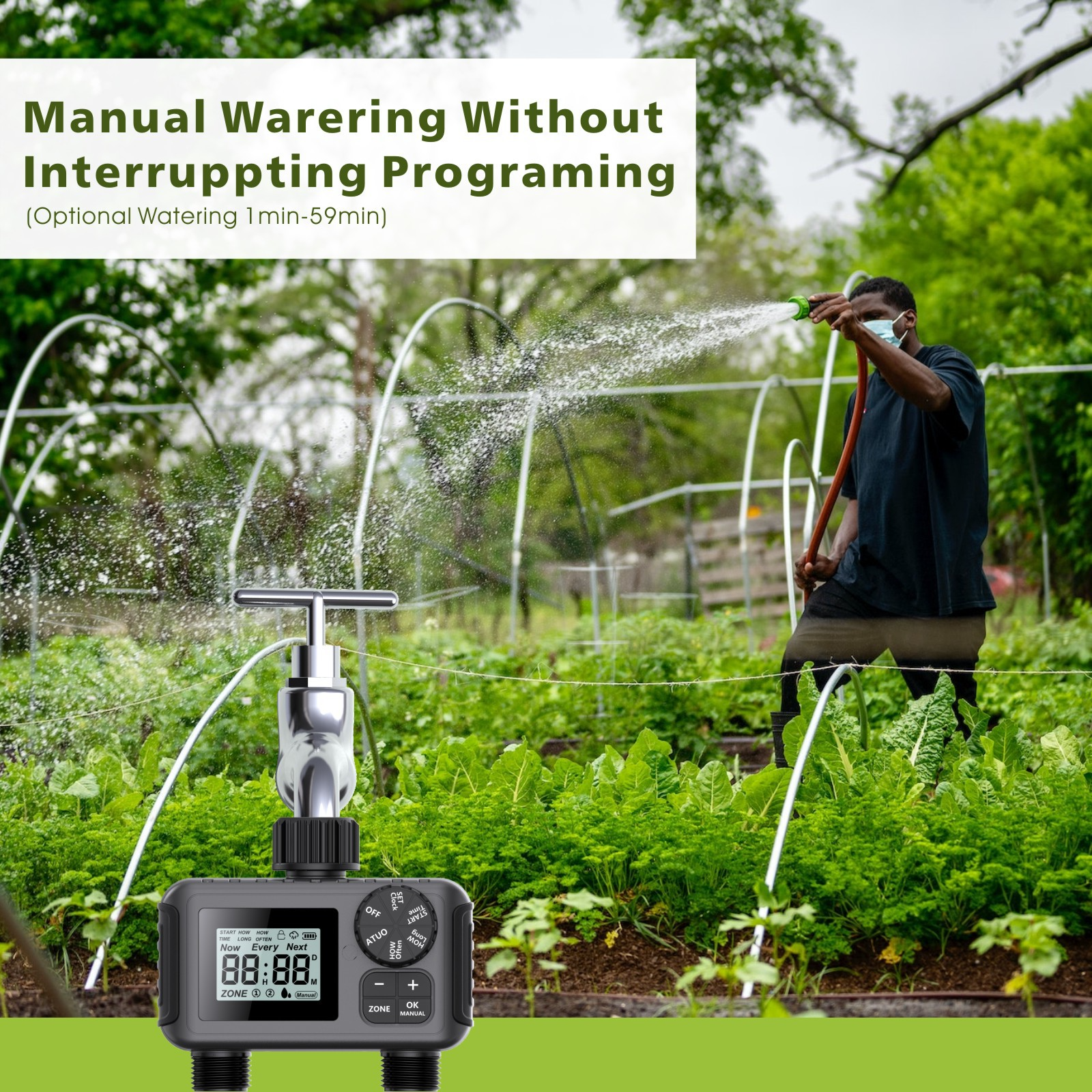 Black smart dual-channel garden timer with digital display attached to a metal spigot, over a lush vegetable garden.
