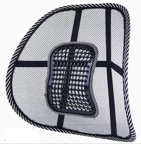 Black mesh ergonomic car back support cushion with a central beaded lumbar massage panel and striped trim.