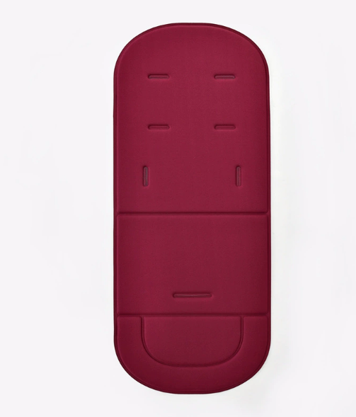 Deep red universal cotton stroller cushion with multiple harness slots on a plain white background.