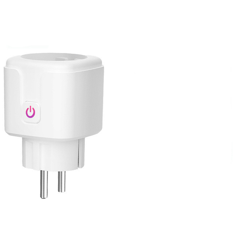 White EuroConnect smart wall plug with a minimalist design, a power button featuring a pink glowing indicator icon.