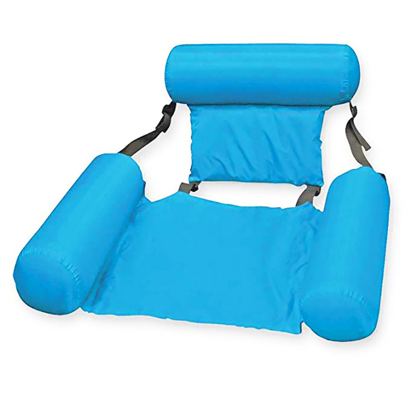 Bright blue inflatable water hammock lounger with headrest, seat, and adjustable side straps on a white background.