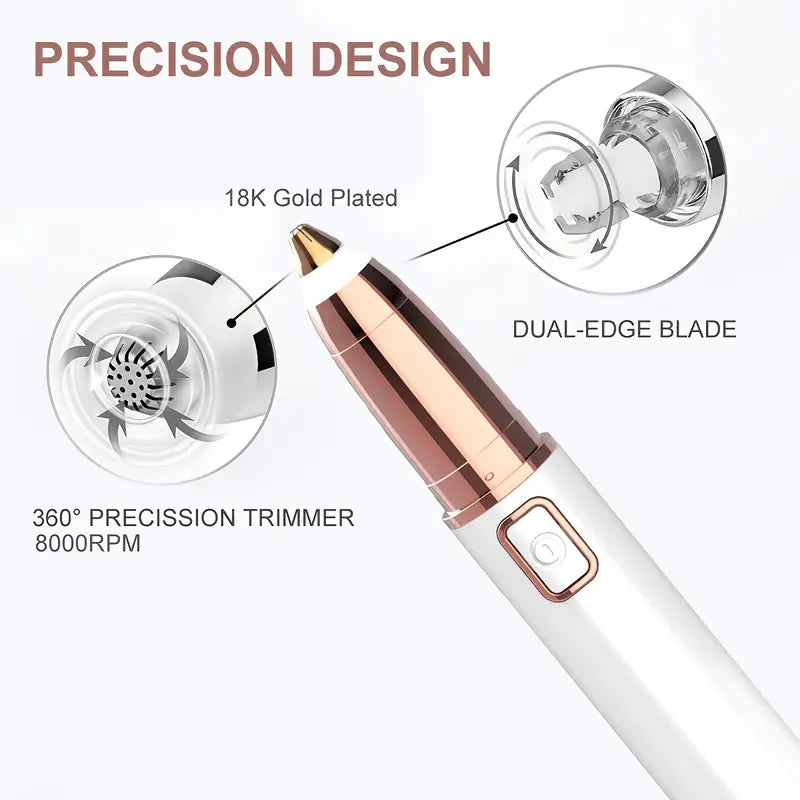 White and rose gold SmoothBrow hair remover with 18K gold-plated tip and detailed 360-degree blade views.