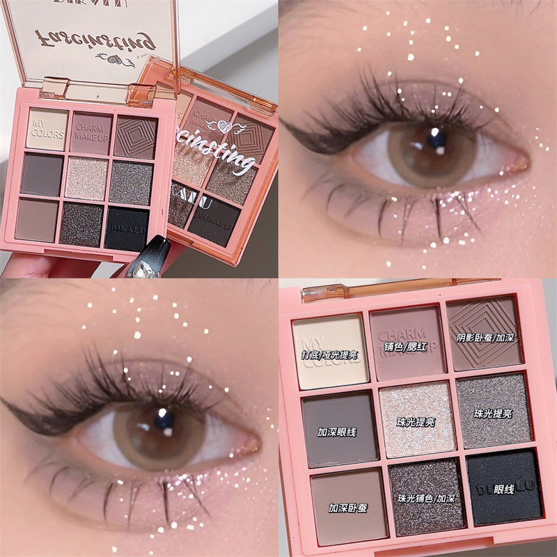 DIKALU 9-color eyeshadow palette with neutral, shimmery, and matte shades, shown with a sparkling eye makeup look.