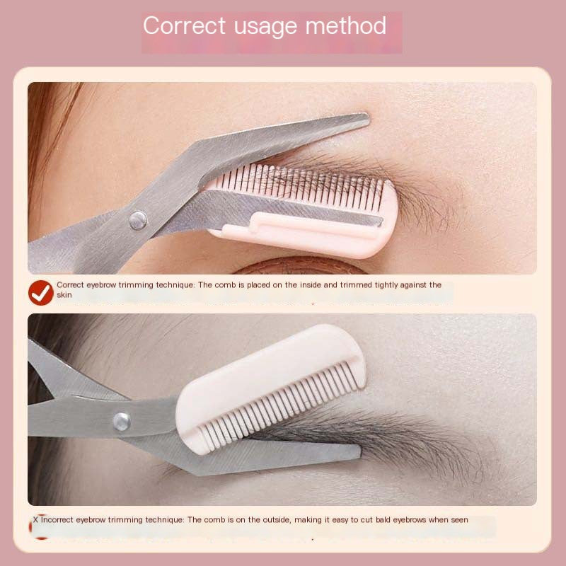 Metal eyebrow scissors with a light pink comb attachment demonstrating correct and incorrect trimming techniques on skin.