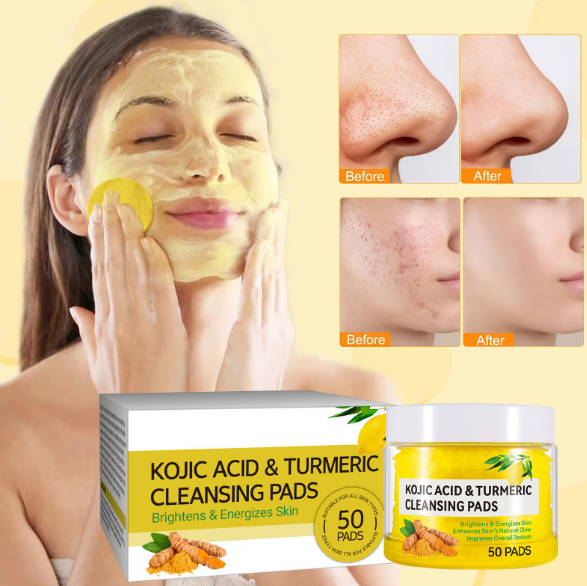Kojic Acid & Turmeric cleansing pads in a tub and box with before-and-after skin results and a woman using the product.