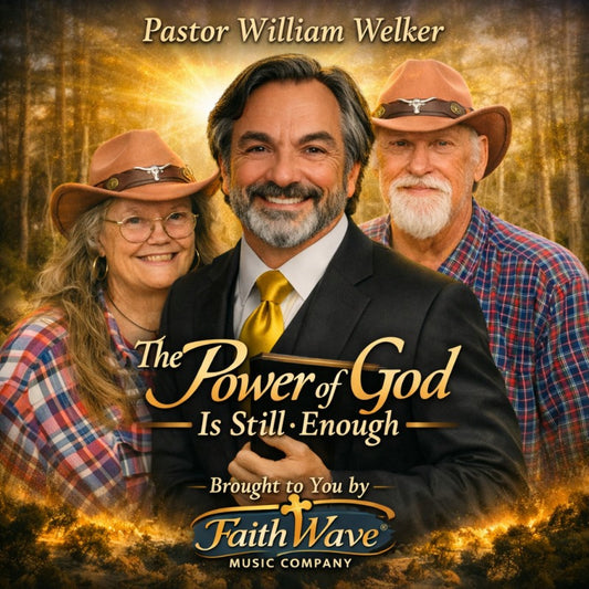 Digital album cover featuring three people in western hats and plaid shirts, centered around a man holding a Bible.