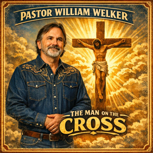 Digital album cover featuring Pastor William Welker in a denim shirt before a radiant illustration of Jesus on the cross.