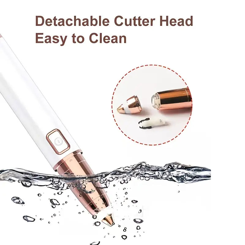 White and rose gold SmoothBrow hair remover with a detachable head, shown partially submerged in water.
