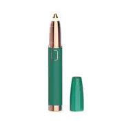 SmoothBrow rechargeable hair remover in matte forest green with rose gold accents and a matching removable cap.