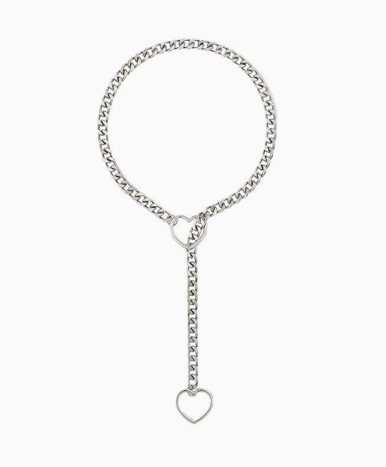 Silver Y-shaped chain necklace featuring two open heart charms and interlocking curb links on a plain white background.